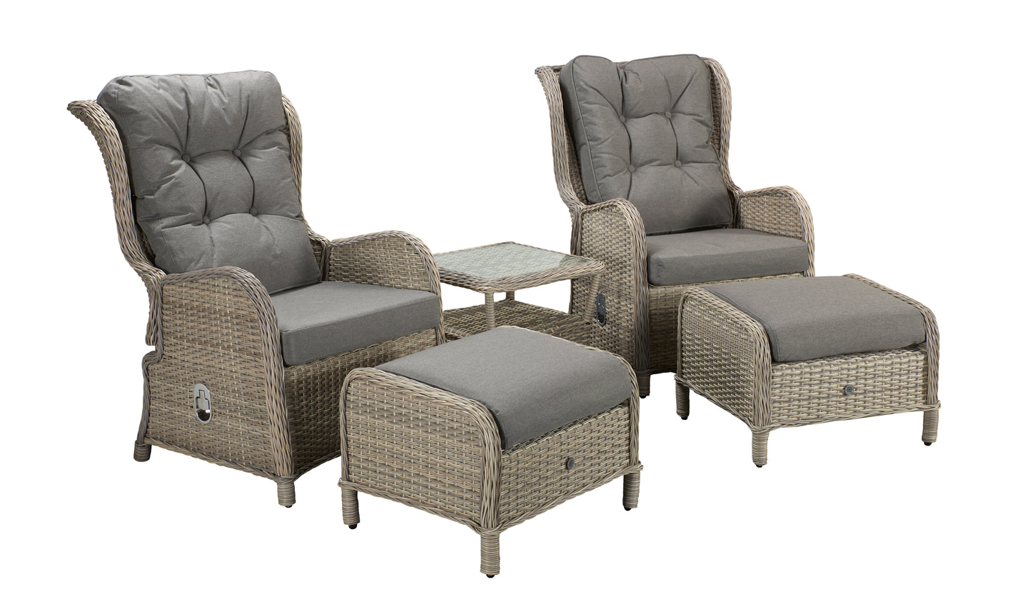 Signature Weave - Outdoor Furniture - Meghan - Five Piece Reclining Lounge Set In Fine Cream Grey Wicker With Pale Grey Cushions